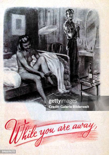 Young British woman gets dressed after a night of passion with an American soldier during World War II, above the words 'While you are away', August...