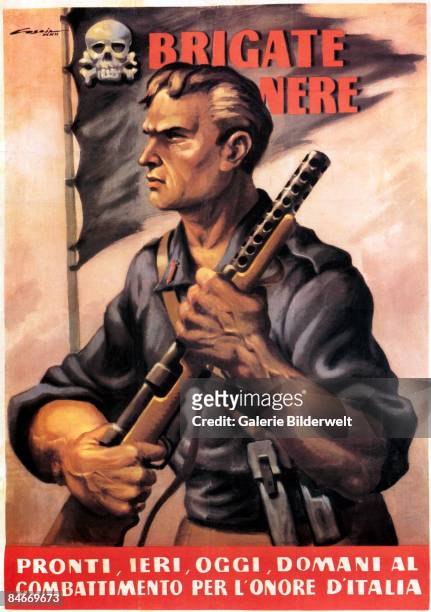Member of the Brigate Nere or Black Brigade, a World War II Fascist paramilitary group in Italy, 1944. The caption reads 'Brigate Nere, pronti, ieri,...