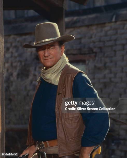 American actor John Wayne as Cole Thorton on the set of the western movie 'El Dorado', based on the novel by Harry Brown and directed by Howard...