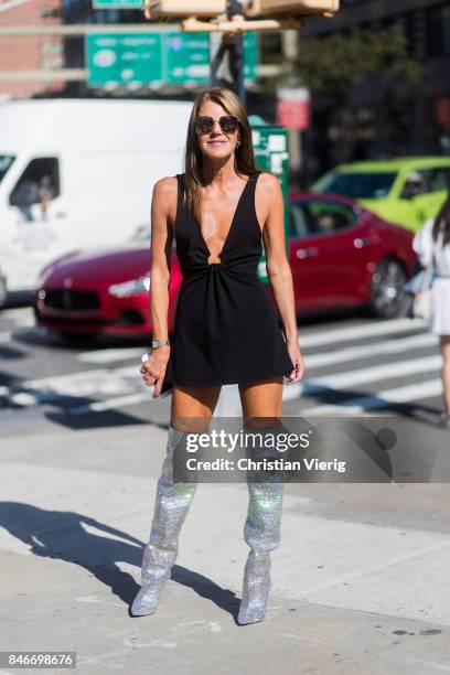 Anna dello Russo wearing YSL glitter boots seen in the streets of Manhattan outside Michael Kors during New York Fashion Week on September 13, 2017...