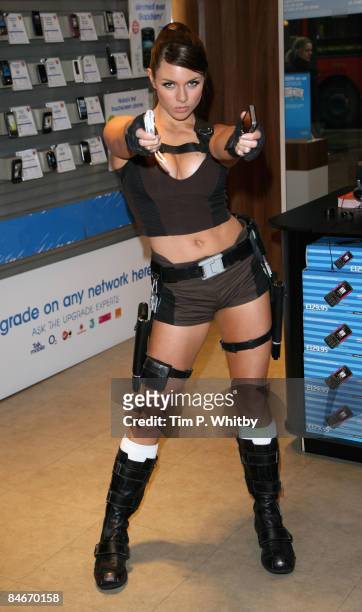 Alison Carroll apears as the new real life Lara Croft to help promote two new gaming handsets from Sony Ericsson at the Carphone Warehouse on 06...