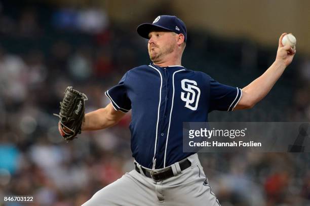 Travis Wood of the San Diego Padres delivers a pitch against the Minnesota Twins during the game on September 12, 2017 at Target Field in...