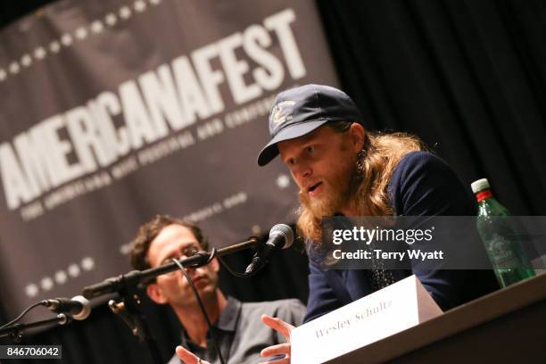 Wesley Schultz of The Lumineers speaks during a panel discussion on the bands second album "Cleopatra" on September 13, 2017 in Nashville, Tennessee.