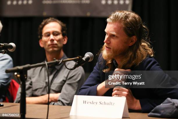 Wesley Schultz of The Lumineers speaks during a panel discussion on the bands second album "Cleopatra" on September 13, 2017 in Nashville, Tennessee.