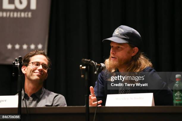 Wesley Schultz of The Lumineers speaks during a panel discussion on the bands second album "Cleopatra" on September 13, 2017 in Nashville, Tennessee.