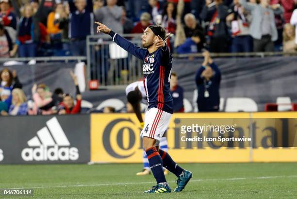 New England Revolution midfielder Lee Nguyen celebrates his goal during an MLS match between the New England Revolution and the Montreal Impact on...