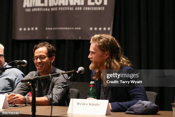 Wesley Schultz of The Lumineers speaks during a panel discussion on the bands second album "Cleopatra" on September 13, 2017 in Nashville, Tennessee.