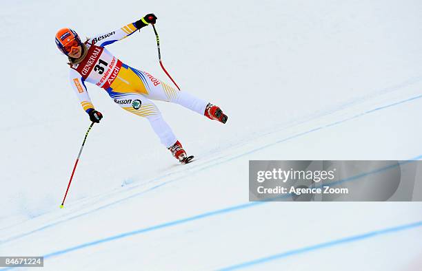 Edith Miklos of Romania during the Alpine FIS Ski World Championships the downhill segment of the Women's Super Combined held on the Face de Solaise...