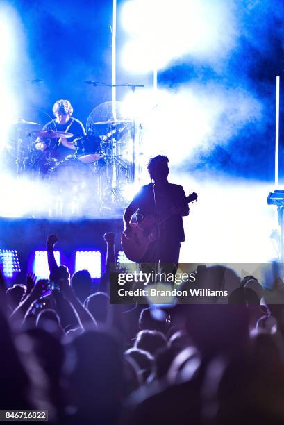 Musicians Mike Malinin and John Rzeznik of the Goo Goo Dolls perform at The Greek Theatre on September 13, 2017 in Los Angeles, California.