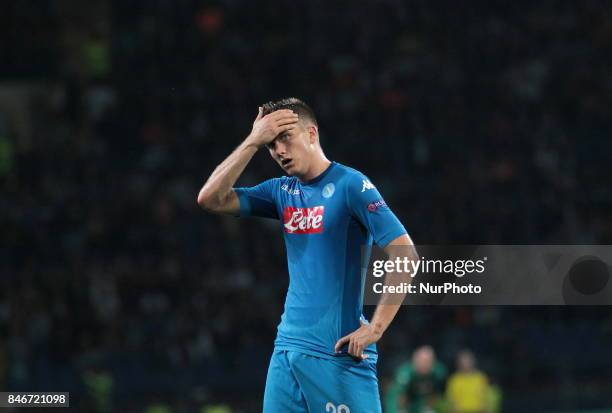 Napoli's Piotr Zielinski reacts during the group stage match of the Champions League group F between FC Shakhtar and Napoli at Metalist Stadium in...