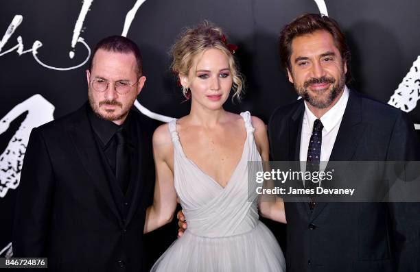 Darren Aronofsky, Jennifer Lawrence and Javier Bardem attend "mother!" New York premiere at Radio City Music Hall on September 13, 2017 in New York...