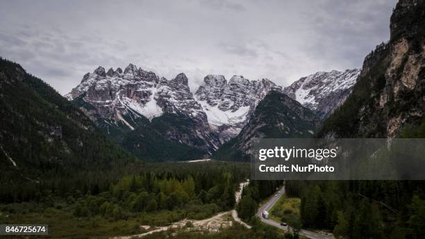 Drone view of The Dürrensee lake in the Dolomites with the background of Monte Bianco in South Tyrol, Italy, on September 13, 2017. The Lake Landro...