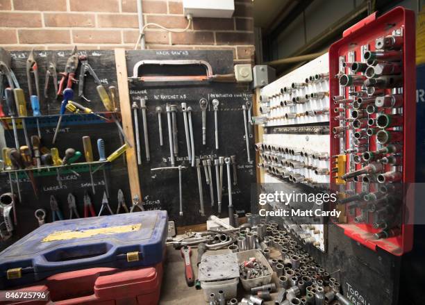 Tools are displayed in a workshop as staff and volunteers help prepare a German Tiger Tank, the only working example in the world, at the Bovington...