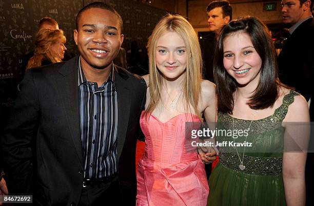 Robert Bailey Jr and Dakota Fanning and Maddy Gaiman at The Premiere of "Coraline" Presented By Focus Features on February 5, 2009 in Portland,...