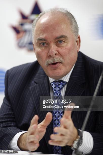 Commissioner David Branch addresses the media prior to the 2009 Subway OHL All-Star Classic on February 4, 2009 at the WFCU Centre in Windsor,...