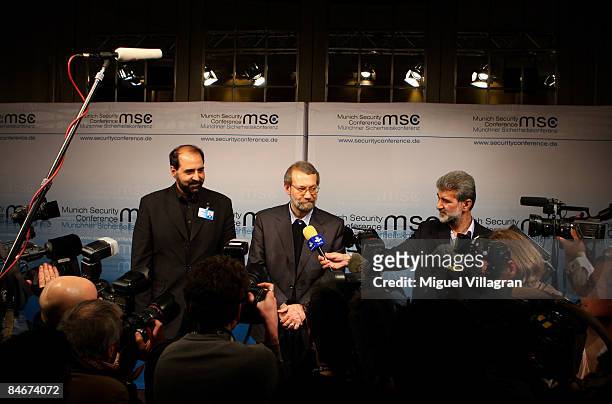 Iranian parliament speaker Ali Larijani , formerly Tehran's envoy in nuclear talks, addresses the media during the first day of the Munich conference...
