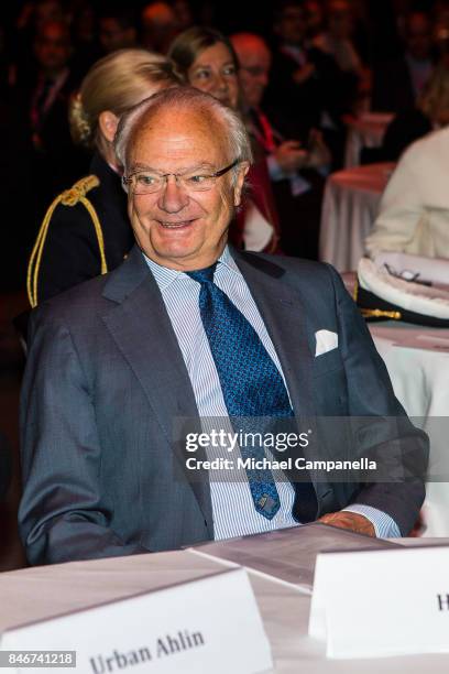 Carl XVI Gustaf of Sweden attends the 2017 Stockholm Security Conference at Artipelag on September 14, 2017 in Stockholm, Sweden.