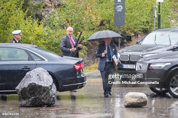 Carl XVI Gustaf of Sweden arrives at the 2017 Stockholm Security Conference at Artipelag on September 14, 2017 in Stockholm, Sweden.