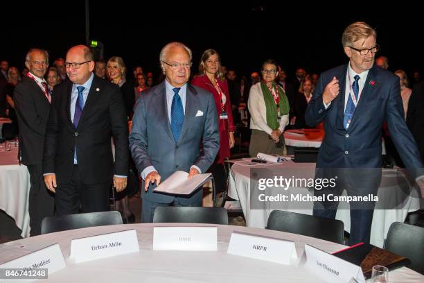 Urban Ahlin, Carl XVI Gustaf of Sweden and Jan Eliasson attend the 2017 Stockholm Security Conference at Artipelag on September 14, 2017 in...