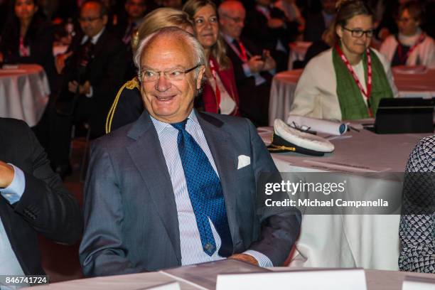 Carl XVI Gustaf of Sweden attends the 2017 Stockholm Security Conference at Artipelag on September 14, 2017 in Stockholm, Sweden.