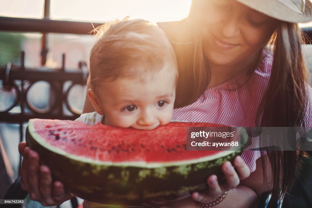 Adorable Baby Boy Biting Watermelon