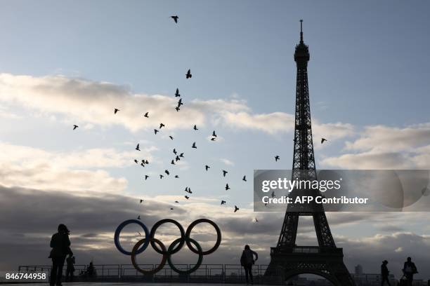 Pigeons fly past the Olympic rings installed on the Esplanade du Trocadero near the Eiffel tower following the Paris' nomination as host for the 2024...