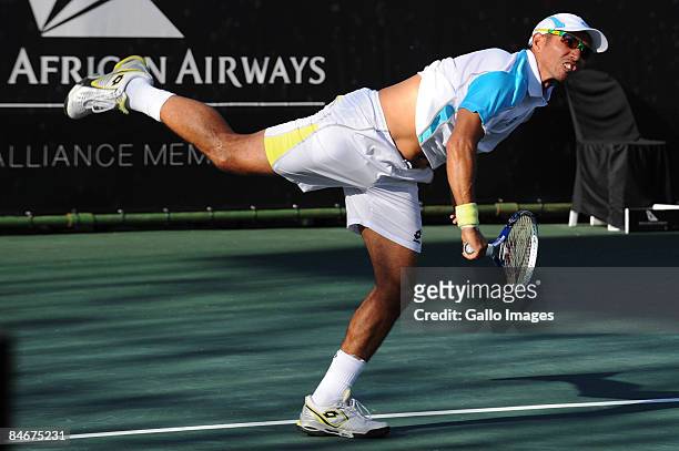 Jeff Coetzee of South Africa in action during day five of the South African Tennis Open at Montecasino on February 6, 2009 in Johannesburg, South...