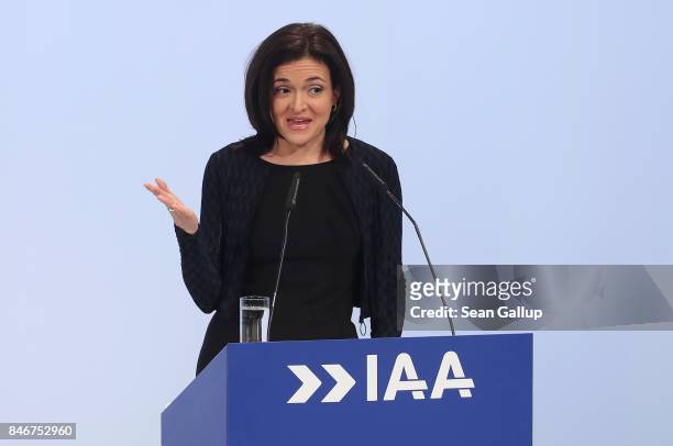 Facebook Chief Operating Officer Sheryl Sandberg speaks at the opening event at the 2017 IAA Frankfurt Auto Show on September 14, 2017 in Frankfurt...
