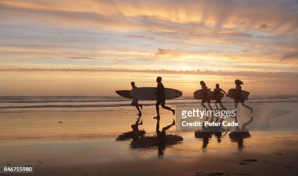 group of young people walking on beach at sunset with boards - goud strand stockfoto's en -beelden