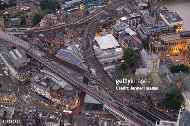 aerial view of borough market and london bridge at dusk. - borough market stock pictures, royalty-free photos & images