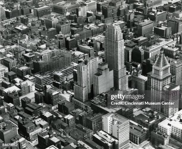 An aerial view of Cincinnati showing the skyline and ongoing construction, 1947.