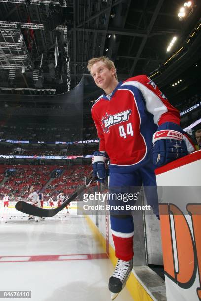 Mike Komisarek of the Eastern Conference All-Stars steps on the ice before the 2009 NHL All-Star game at the Bell Centre on January 25, 2009 in...
