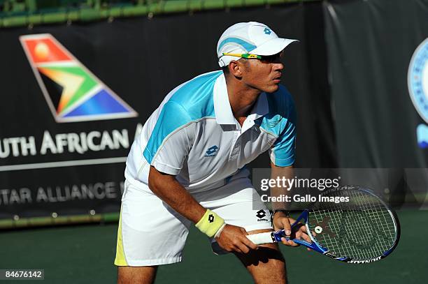 Jeff Coetzee of South Africa waits for the ball during day five of the South African Tennis Open at Montecasino on February 6, 2009 in Johannesburg,...