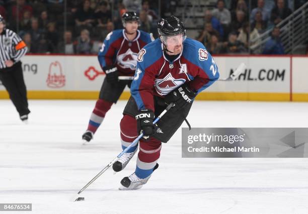 Milan Hejduk of the Colorado Avalanche skates against the Dallas Stars at the Pepsi Center on February 05, 2009 in Denver, Colorado. Colorado beat...