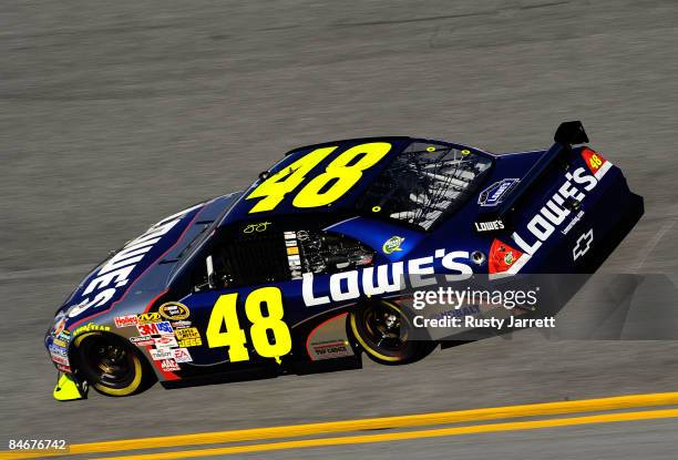 Sprint Cup Champion Jimmie Johnson, driver of the Lowe's Chevrolet drives during practice for the Budweiser Shootout at Daytona International...