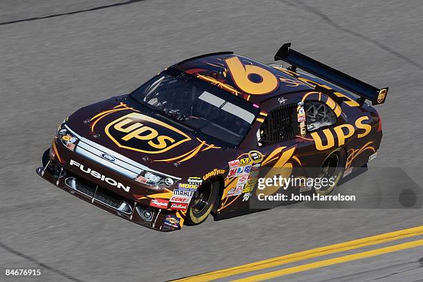 David Ragan, driver of the UPS Ford, drives during practice for the Budweiser Shootout at Daytona International Speedway on February 6, 2008 in...