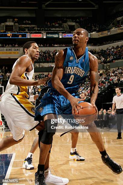 Rashard Lewis of the Orlando Magic drives against Danny Granger of the Indiana Pacers at Conseco Fieldhouse on February 6, 2009 in Indianapolis,...