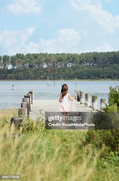 little girl walking on the pier - meisje stock-fotos und bilder