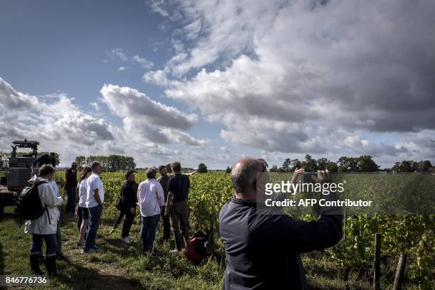 Tourists take part in "l'experience vendange" , an initiation to all stages of winemaking, on September 11, 2017 at the Chateau de Pommard. / AFP...