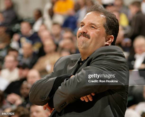 Stan Van Gundy, head coach of the Orlando Magic, reacts to his team being behind the Indiana Pacers at Conseco Fieldhouse on February 6, 2009 in...