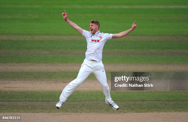 Jamie Porter of Essex appeals during the County Championship Division One match between Warwickshire and Essex at Edgbaston on September 14, 2017 in...