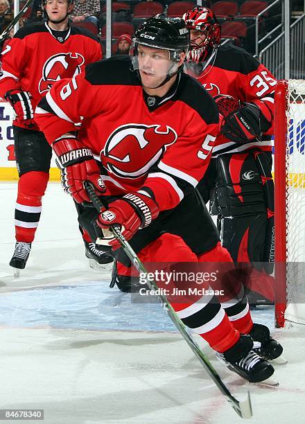 Colin White of the New Jersey Devils skates against the Washington Capitals at the Prudential Center on February 3, 2009 in Newark, New Jersey. The...