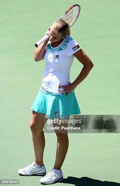 Jelena Dokic of Australia appears frustrated after missing a return shot to Dianne Hollands of New Zealand during day four of the Fed Cup...