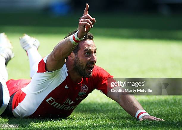 Ben Gollings of England celebrates his try during the match between England and Fiji on day two of the New Zealand International Sevens at Westpac...