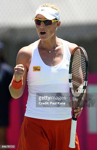 Samantha Stosur of Australia celebrates winning a point against Marina Erakovic of New Zealand during day four of the Fed Cup Asia/Oceania Zone Group...