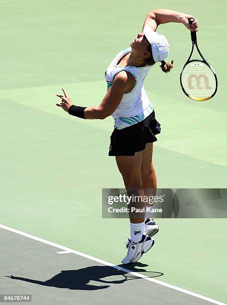 Marina Erakovic of New Zealand serves to Samantha Stosur of Australia during day four of the Fed Cup Asia/Oceania Zone Group 1 & 2 match between...