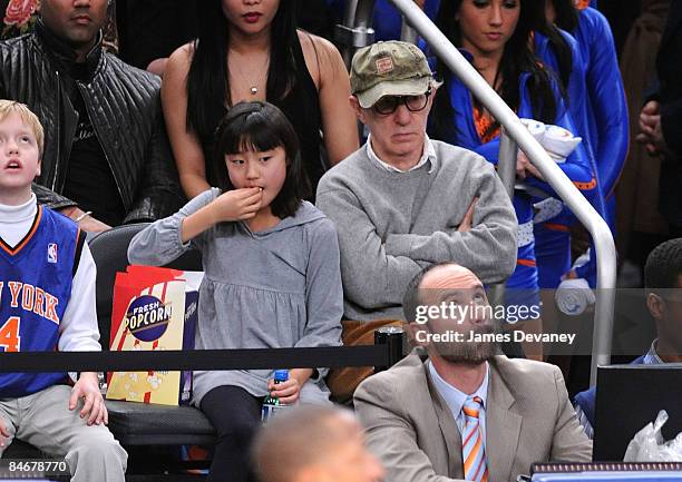 Woody Allen and daughter Bechet Dumaine Allen attend Boston Celtics vs New York Knicks game at Madison Square Garden on February 6, 2009 in New York...