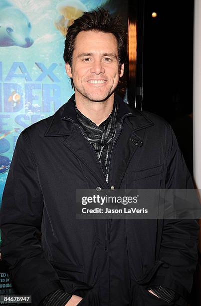 Actor Jim Carrey attends the premiere of "Under the Sea 3-D" at IMAX Theater at the California Science Center on February 5, 2009 in Los Angeles,...