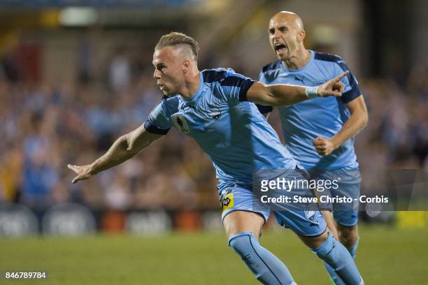 Jordy Buijs of Sydney FC celebrates kicking a goal during the FFA Cup Quarter Final match between Sydney FC and Melbourne City at Leichhardt Oval on...