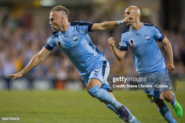 Jordy Buijs of Sydney FC celebrates kicking a goal during the FFA Cup Quarter Final match between Sydney FC and Melbourne City at Leichhardt Oval on...